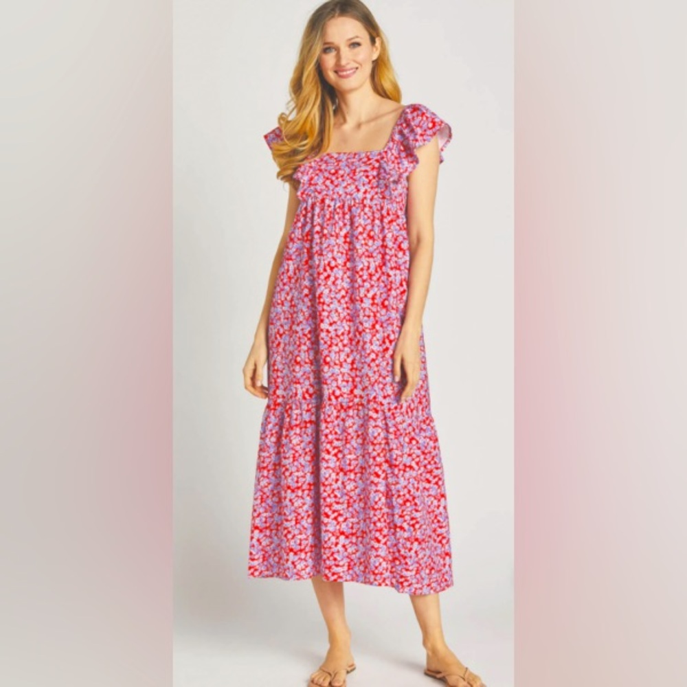 EUC Flutter Sleeve Red/Blue Floral Dress size L